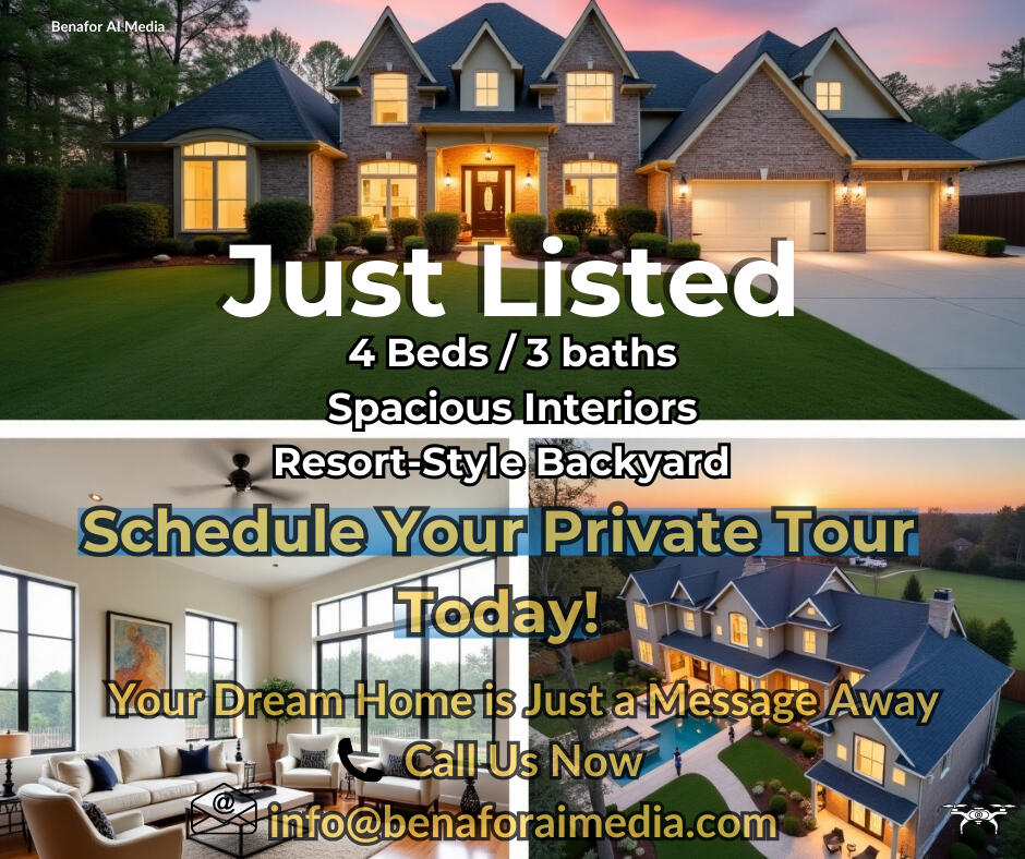 Real Estate Listing Social Media Mock-Up Social media post mock-up for a real estate listing in Memphis featuring a large home with aerial and interior photos, highlighting spacious interiors and a resort style backyard.