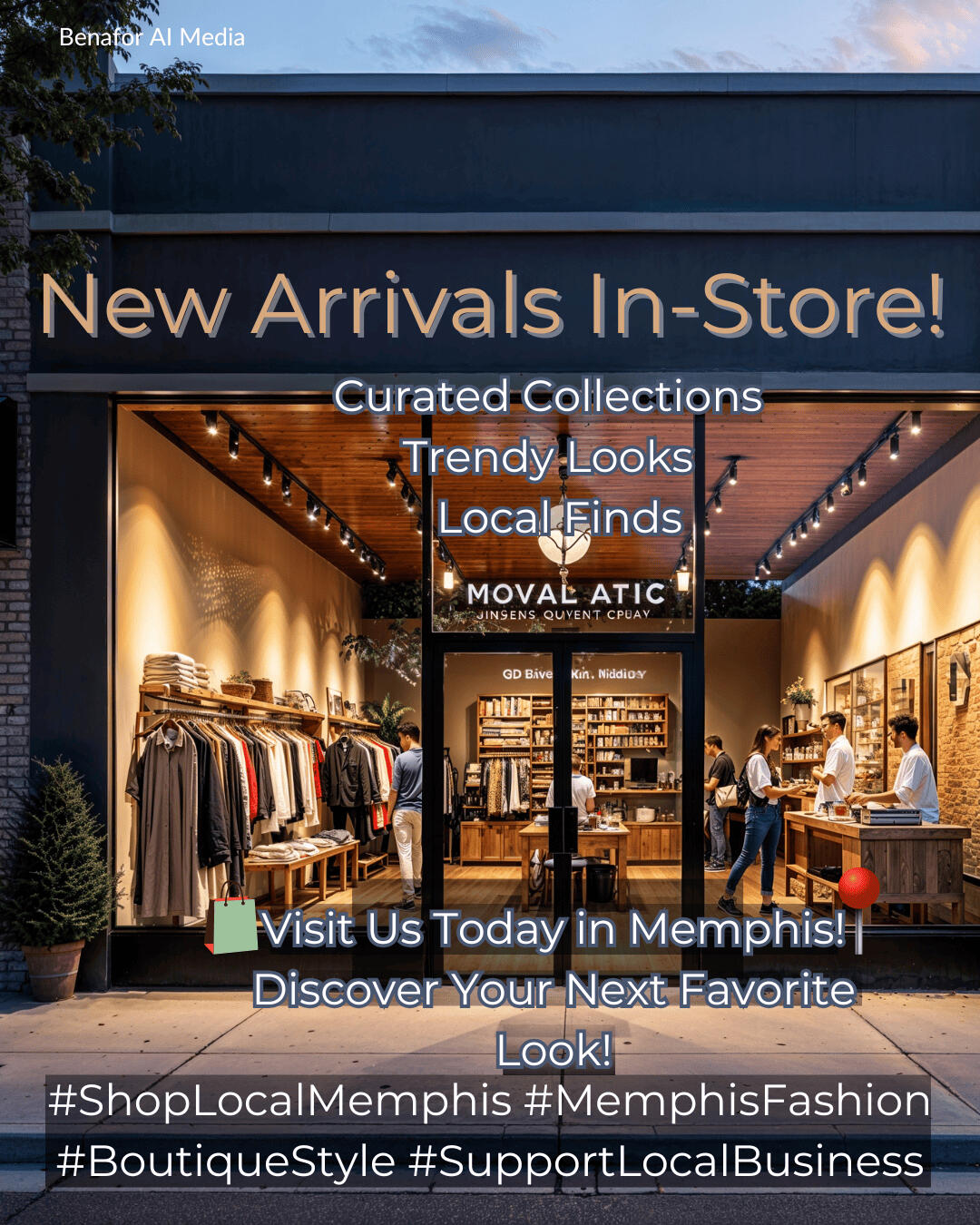 Boutique Storefront Social Media Mock-Up Instagram post mock-up featuring a boutique storefront in Memphis with curated collections, trendy looks, and local finds, designed for social media